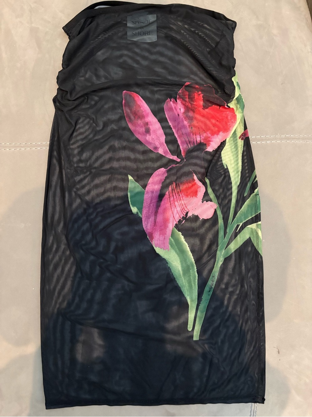 Shade & Shore Black Mesh Swim Coverup with Pink and Red Floral